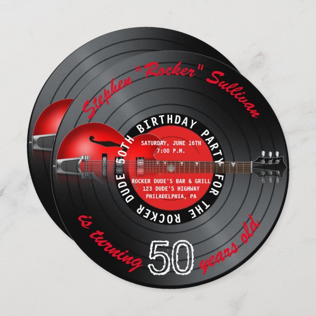 Rocker Dude Guitar Record 50th Birthday Party Invitation (Front/Back)