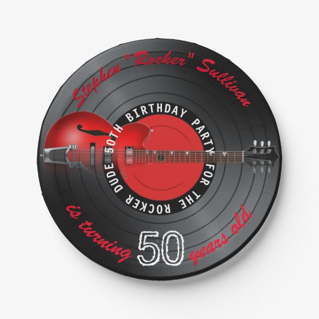 Rocker Dude Guitar Record 50th Birthday Party Paper Plate (Front)