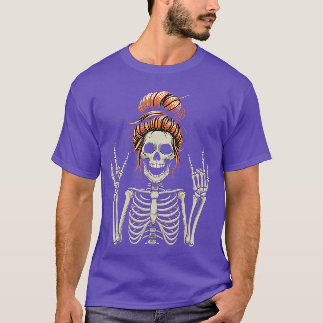 Rocker Messy Bun Skeleton Cool Halloween Punk Rock T-Shirt (Front)