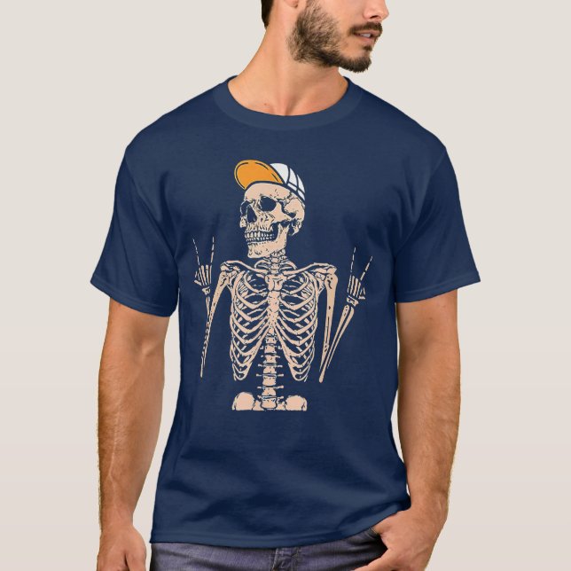 Rocker Skeleton Cap Cool Halloween Punk Rock Hand  T-Shirt (Front)