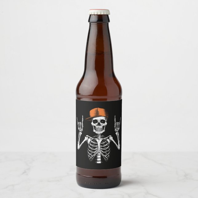 Rocker Skeleton Cap Skater Cool Halloween Punk  Beer Bottle Label (Front)