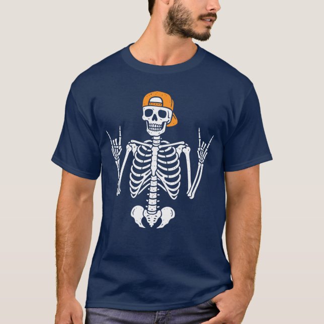 Rocker Skeleton Cap Skater Cool Punk Rock Men Boys T-Shirt (Front)