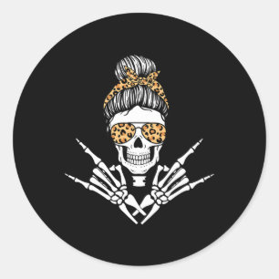 Rocker Skeleton Hand Rock On Leopard Messy Bun Hal Classic Round Sticker