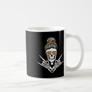 Rocker Skeleton Hand Rock On Leopard Messy Bun Hal Coffee Mug