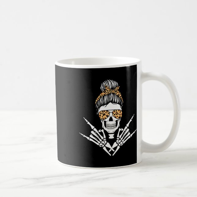 Rocker Skeleton Hand Rock On Leopard Messy Bun Hal Coffee Mug (Right)