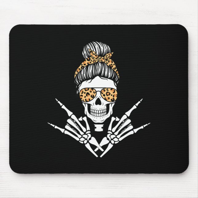 Rocker Skeleton Hand Rock On Leopard Messy Bun Hal Mouse Mat (Front)
