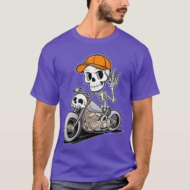 Rocker Skeleton on Motorcycle Cool Halloween Punk  T-Shirt (Front)