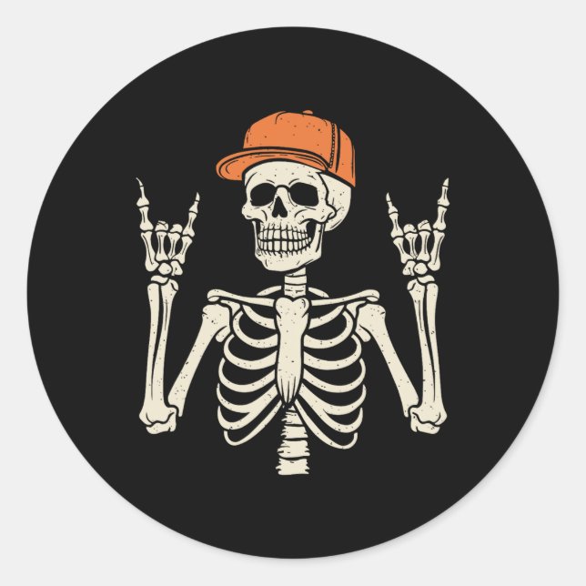 Rocker Skeleton Rock On Hand Halloween Skeleton Me Classic Round Sticker (Front)