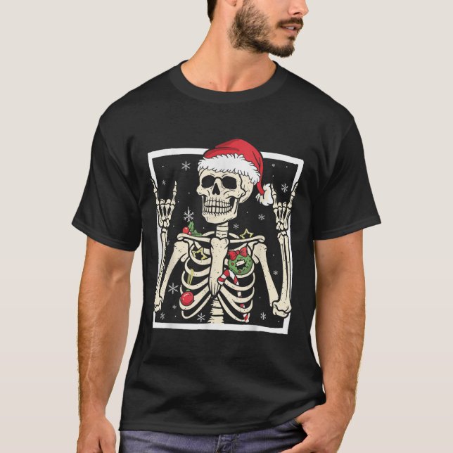 Rocker Skeleton Santa Hat Cool Christmas Punk Rock T-Shirt (Front)