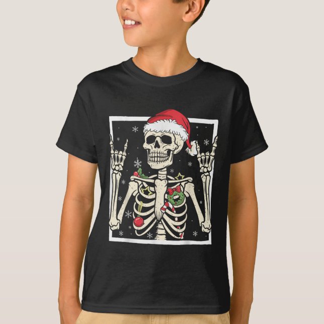Rocker Skeleton Santa Hat Cool Christmas Punk Rock T-Shirt (Front)