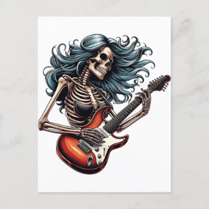 Rocker Skeleton woman playing guitar Dark art Postcard