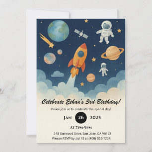 Rocket and Astronaut Space Adventure Birthday  Invitation