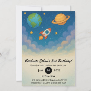 Rocket and Planets in Colourful Space Birthday Invitation
