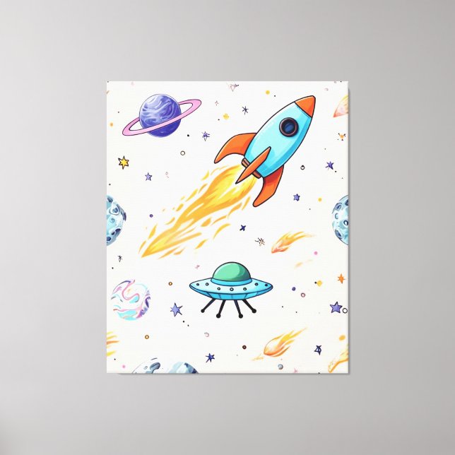 Rocket and UFO Space Pattern | Planets, Stars, and Canvas Print (Front)