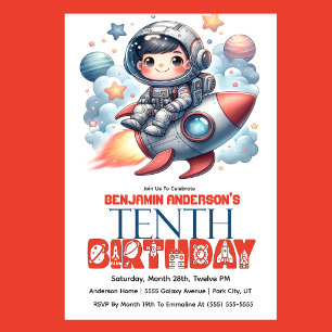 Rocket Astronaut Boy's 10th Birthday Invitation