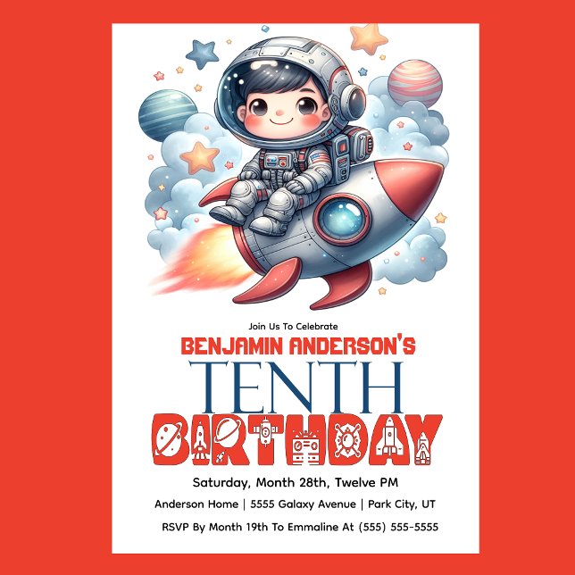 Rocket Astronaut Boy's 10th Birthday Invitation (Space astronaut boy riding rocket 10th birthday party invitation with planets and stars
)