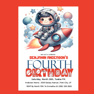 Rocket Astronaut Boy's 4rd Birthday Invitation