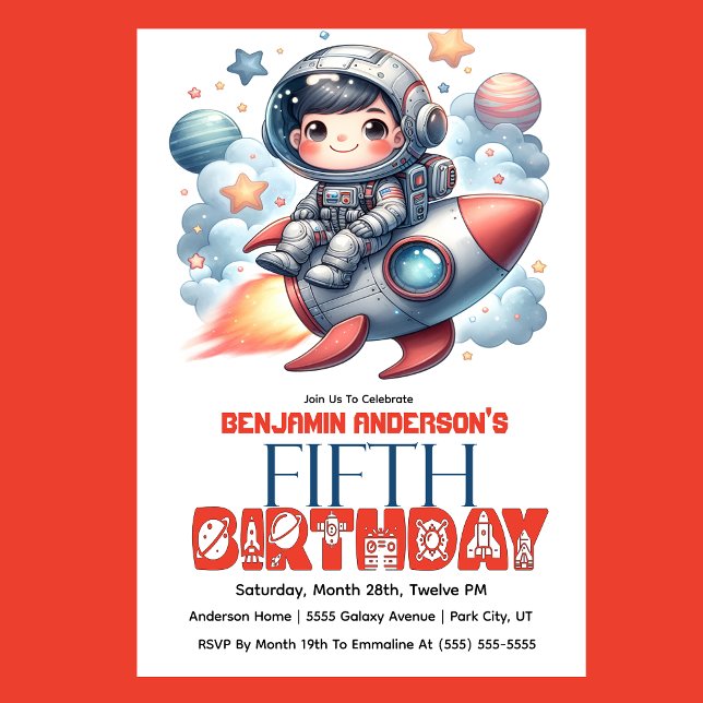 Rocket Astronaut Boy's 5th Birthday Invitation (Space astronaut boy riding rocket 5thth birthday party invitation with planets and stars
)