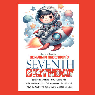 Rocket Astronaut Boy's 7th Birthday Invitation