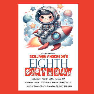 Rocket Astronaut Boy's 8th Birthday Invitation