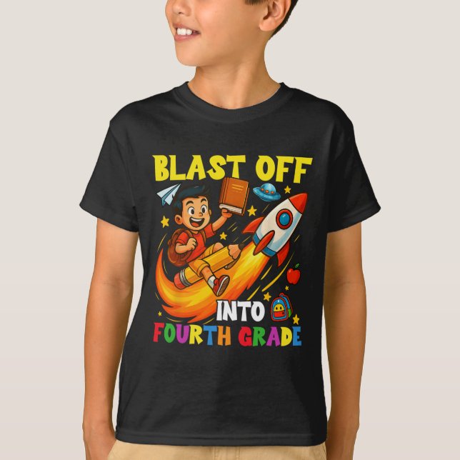 Rocket Blast Off Into Fourth Grade Funny Back To S T-Shirt (Front)