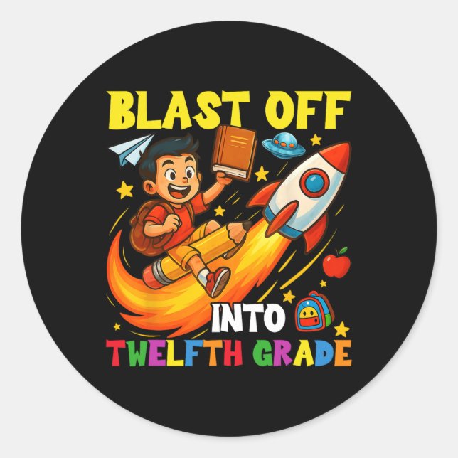 Rocket Blast Off Into Senior Funny Back To School  Classic Round Sticker (Front)