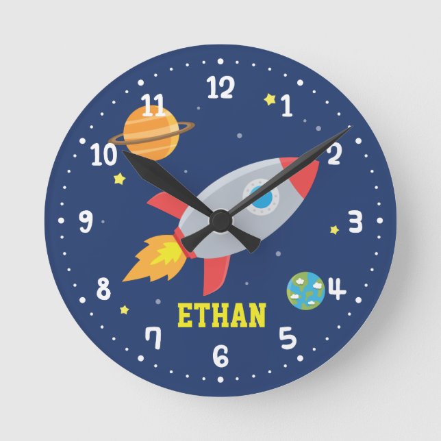 Rocket Blast Off Outer Space, Kids Room Decor Round Clock (Front)