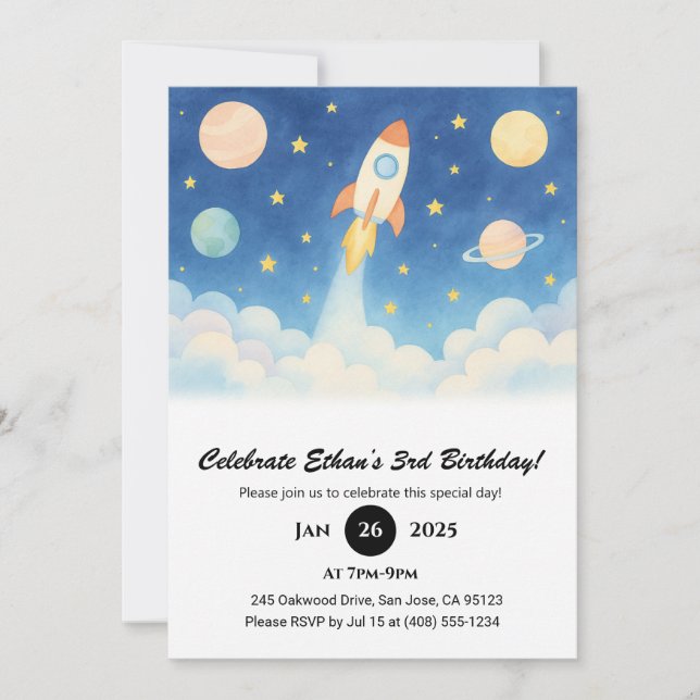 Rocket Blast-Off & Starry Galaxy Birthday  Invitation (Front)