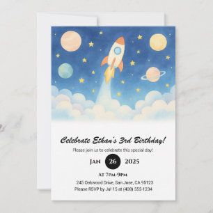 Rocket Blast-Off & Starry Galaxy Birthday Invitation
