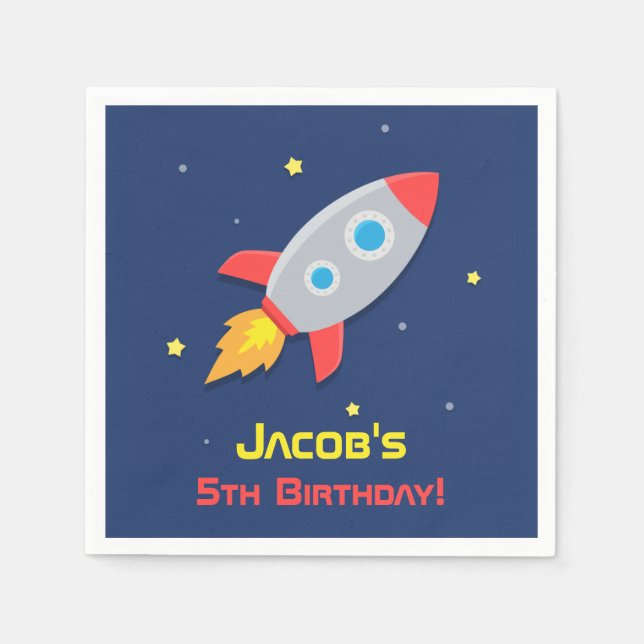 Rocket Blast Off To Outer Space Birthday Party Napkin (Front)