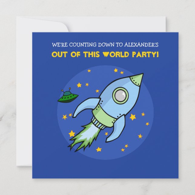 Rocket blue green Birthday Invitation (Front)