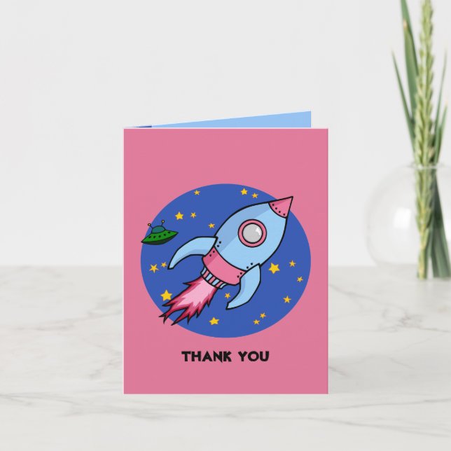 Rocket blue pink Thank You Note Card (Front)