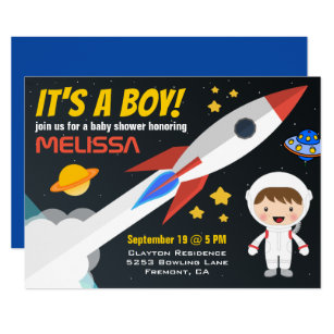 rocket boy outer space baby shower invitation