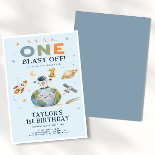 Rocket Countdown Blue 1st Birthday Invitation