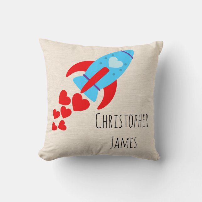 Rocket Hearts Blue Baby Boy Cushion (Front)