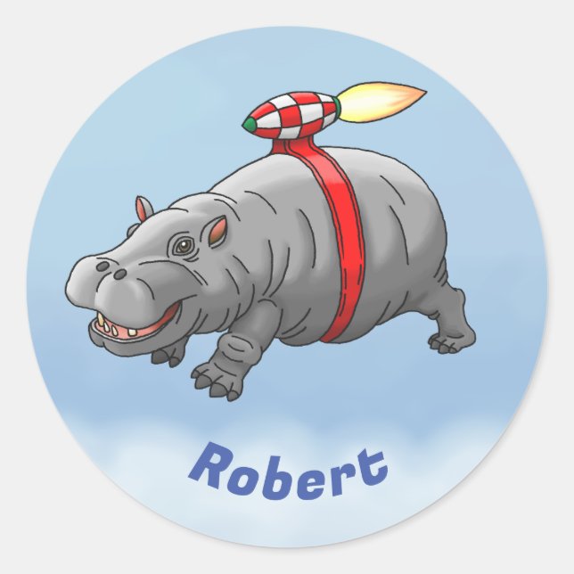 Rocket Hippo Birthday Classic Round Sticker (Front)