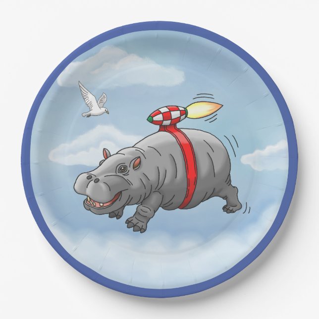 Rocket Hippo Birthday Paper Plate (Front)