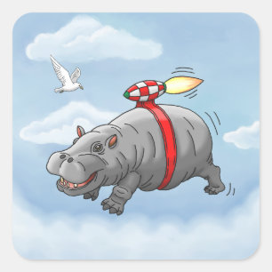 Rocket Hippo Birthday Square Sticker