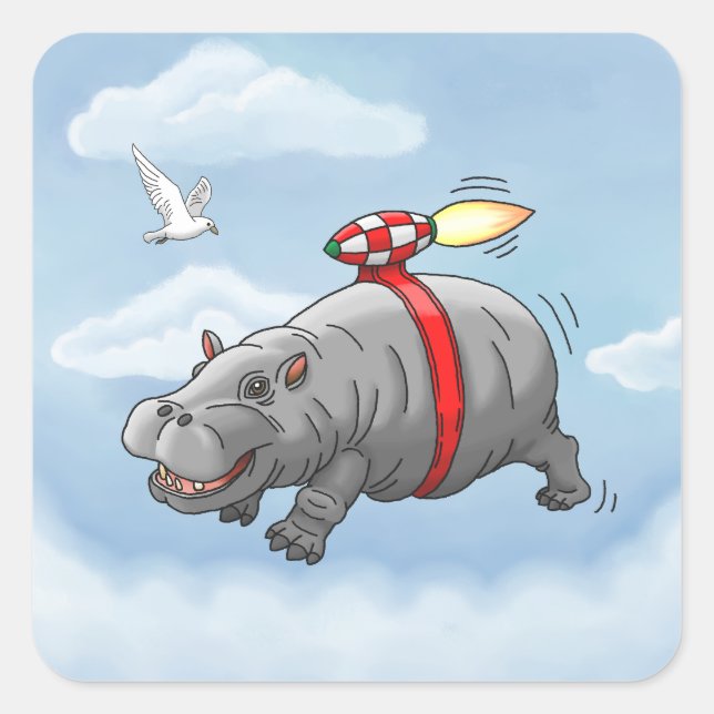 Rocket Hippo Birthday Square Sticker (Front)