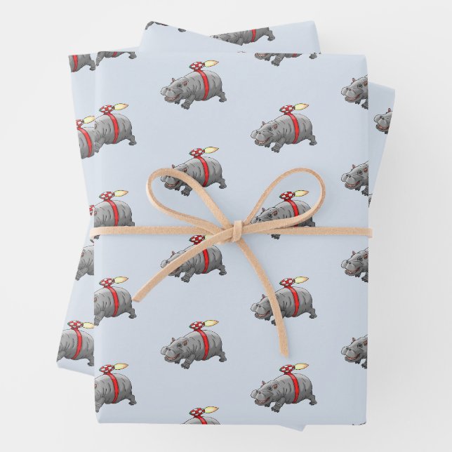 Rocket Hippo Birthday Wrapping Paper Sheet (In situ)
