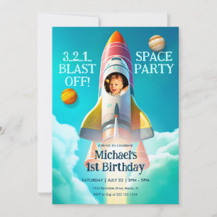 Rocket in Sky Space Theme Birthday Invitation