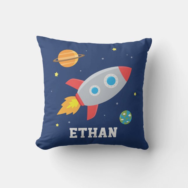 Rocket in Space, Planet and Stars, Nursery Cushion (Front)