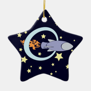 Rocket Kids Retro Space Ship (Night) Ceramic Tree Decoration