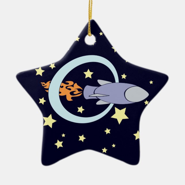 Rocket Kids Retro Space Ship (Night) Ceramic Tree Decoration (Front)