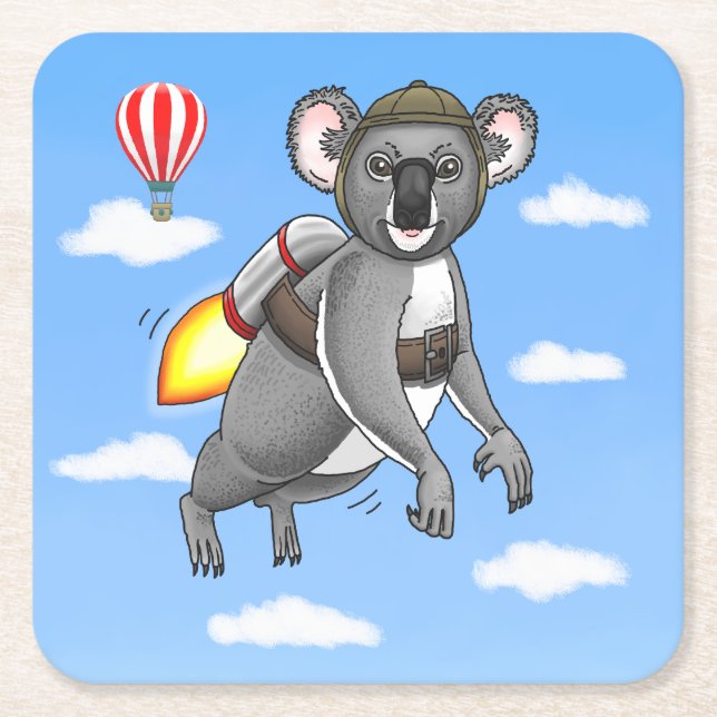 Rocket Koala Bear Square Paper Coaster (Front)