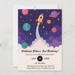 Rocket Launch & Outer Space Cartoon Birthday Invitation