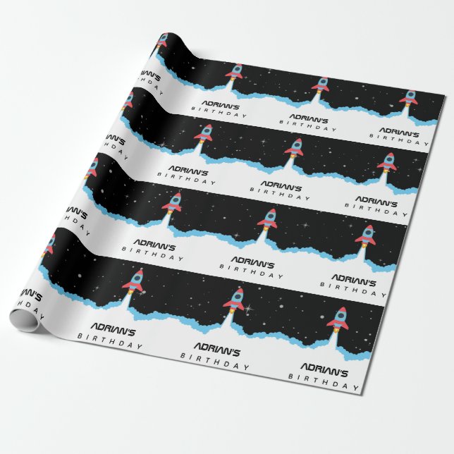 Rocket Launching in Outer Space Name Birthday  Wrapping Paper (Unrolled)