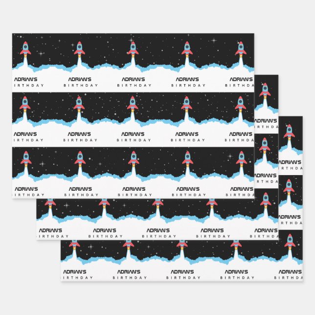 Rocket Launching in Outer Space Name Birthday Wrapping Paper Sheet (Set)