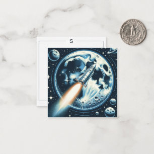 Rocket Moon Space Monogram Flat Note Card