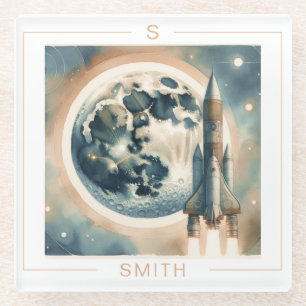 Rocket Moon Space Monogram Glass Coaster